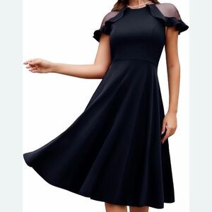 Muadress Black A-Line Midi Dress w/Sheer Flutter Sleaves Small Sophisticated NWO